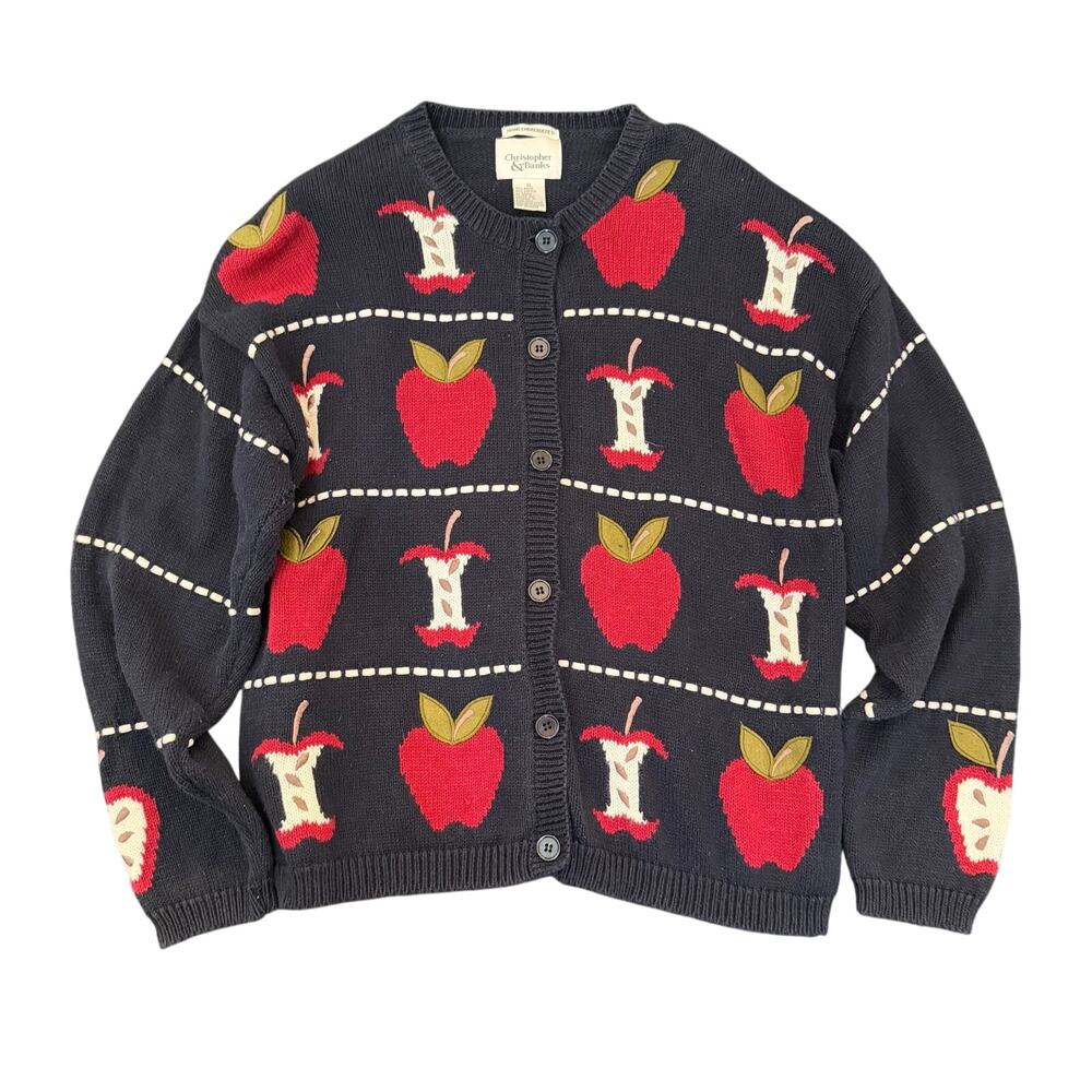 VTG Y2K Apple Cardigan Sweater Navy Knit Embroidered XL Cozy Cottagecore Chunky